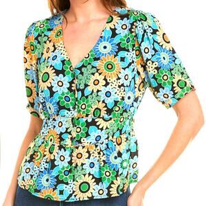 CAbi Happy Top 5900 Blouse Retro Short Sleeve Floral‎ Button Peplum Green Blue M